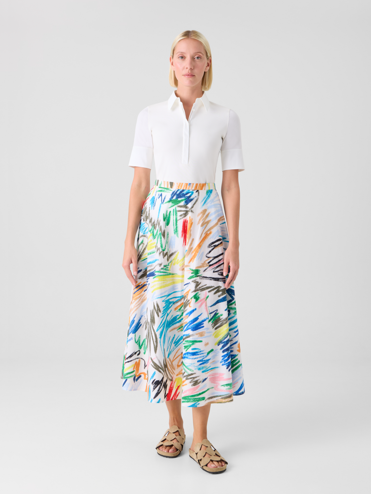 Designer Scribble Print Cotton Midi Skirt - multicolor - ecru