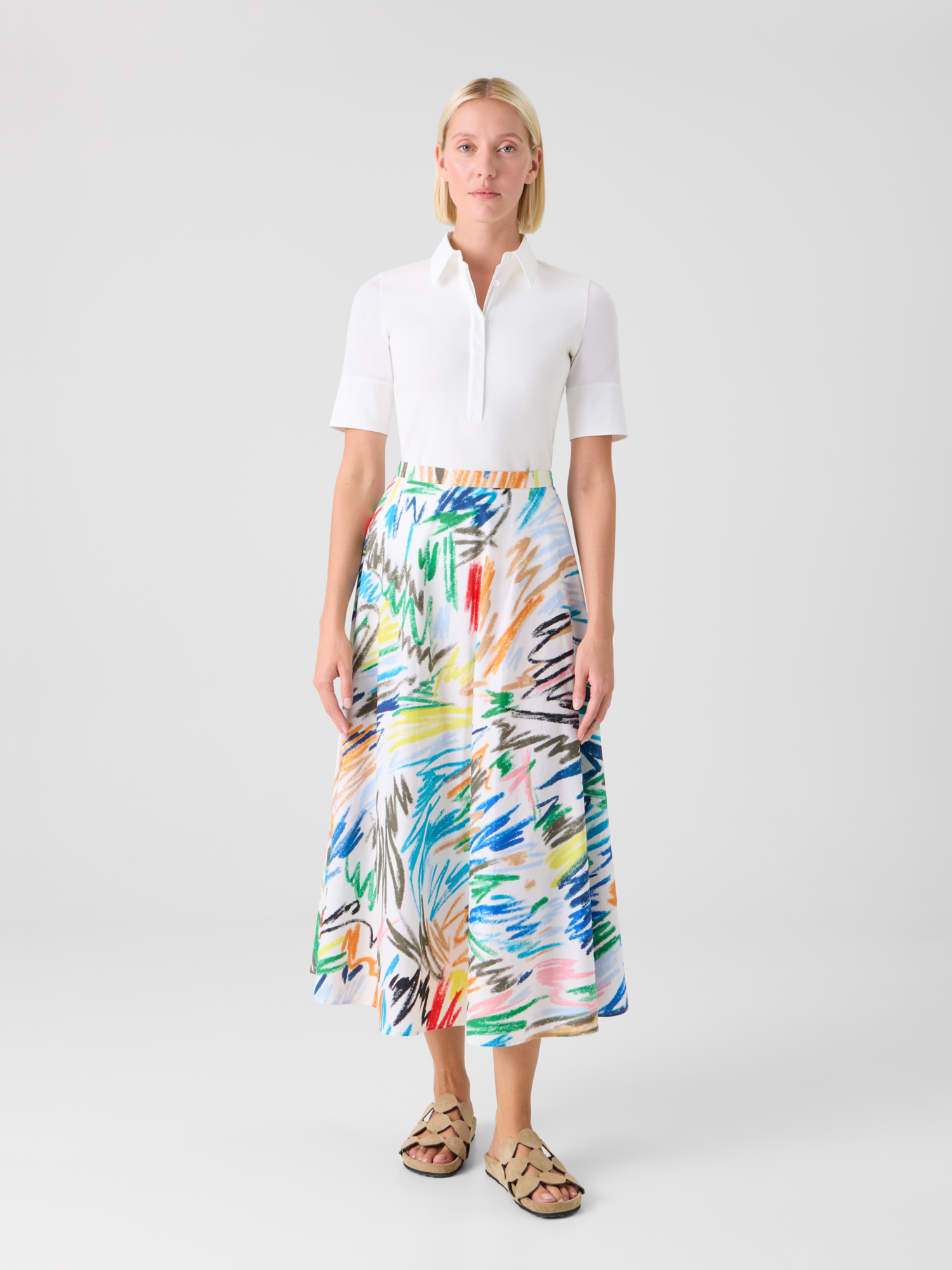 Designer Scribble Print Cotton Midi Skirt - multicolor - ecru