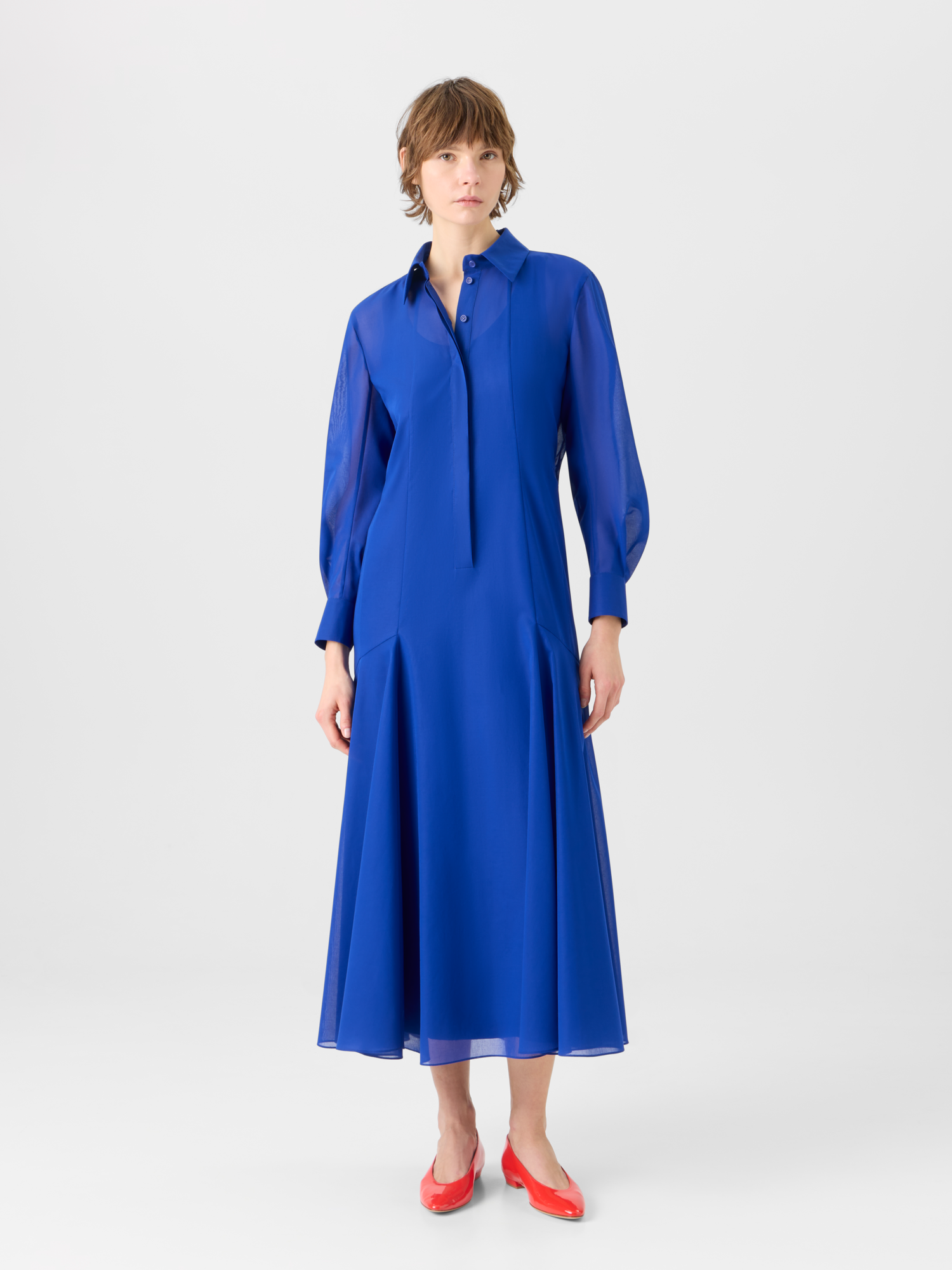 Designer Midi A-Line Dress in Cotton Voile - blue 