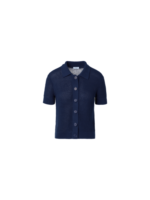 Designer Linen-Cotton Short-Sleeve Knit Cardigan - navy - blue