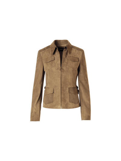 Designer Long-Sleeve Suede Leather Jacket - beige