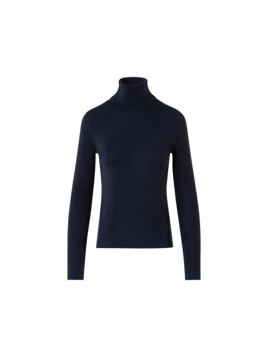 Designer Cashmere Silk Mock Neck Sweater with Rib Cuff - neutral - navy - blue