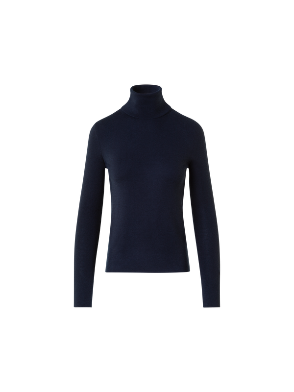 Designer Cashmere Silk Mock Neck Sweater with Rib Cuff - neutral - navy - blue