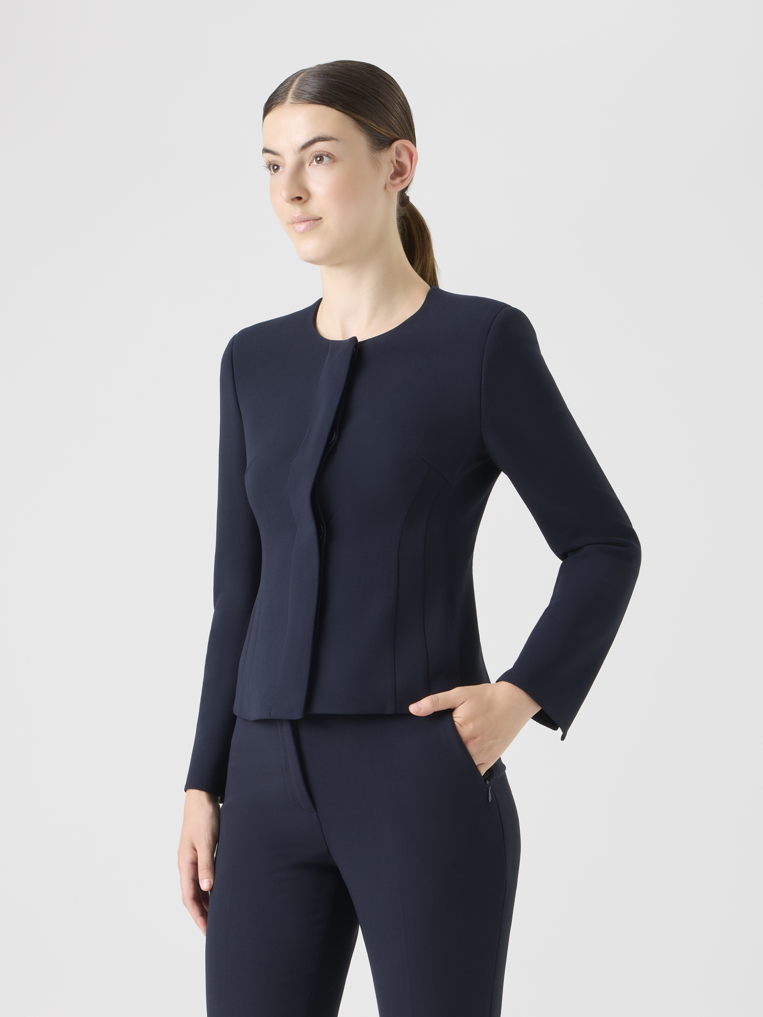 Designer Fitted Wool Bi-Stretch Double-Face Jacket - navy 