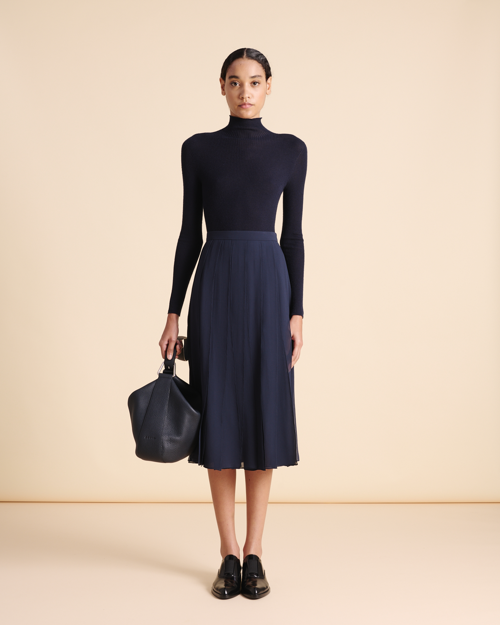 Designer Fine Rib Cashmere Silk Mock Neck Pullover - navy - blue 