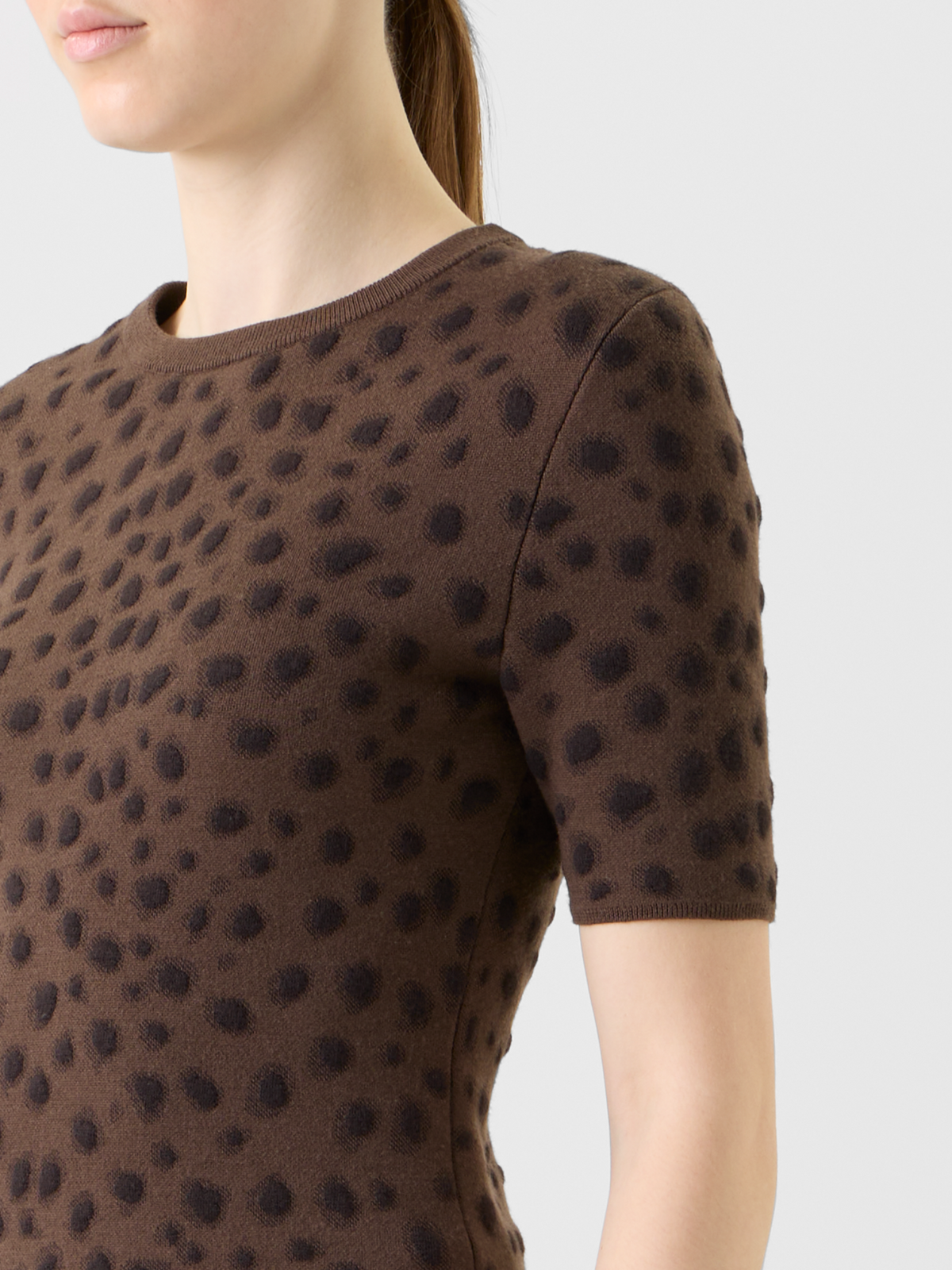 Designer Fitted Merino Wool Knit Top in Leopard Jacquard - neutral - brown #editorial