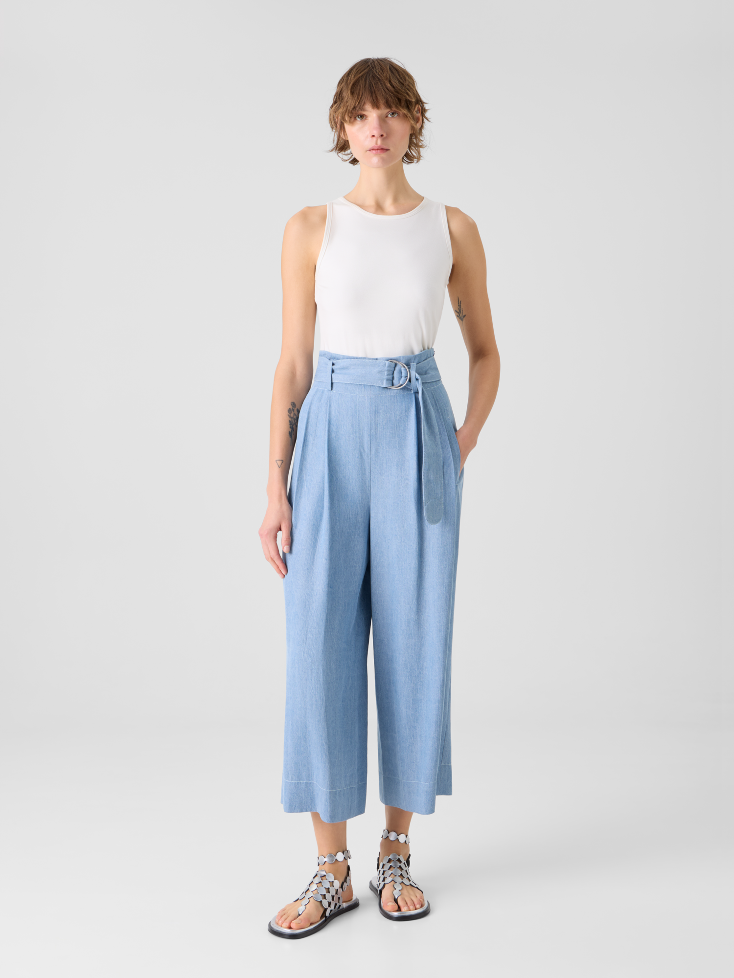 Designer Fiorella Wide Leg Pleated Culotte Denim Pants - blue