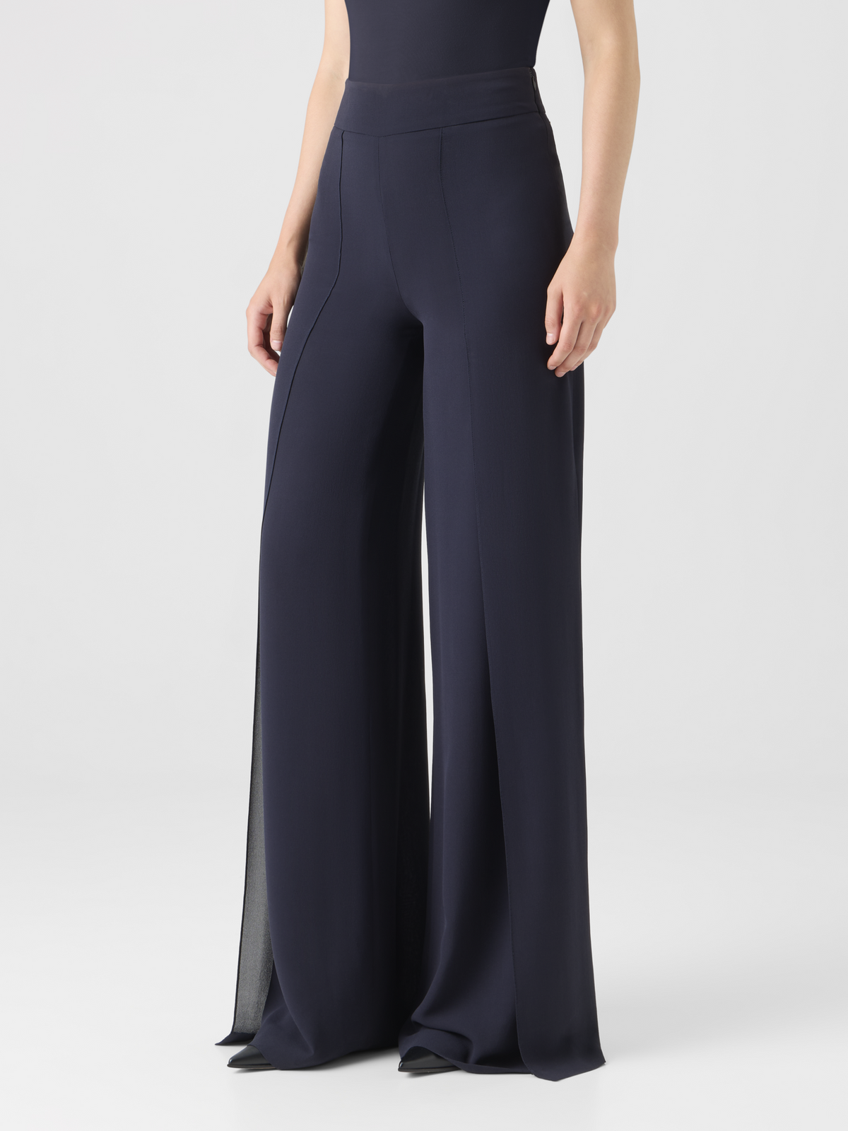 Designer Wide Silk Pants with Slits - navy #editorial