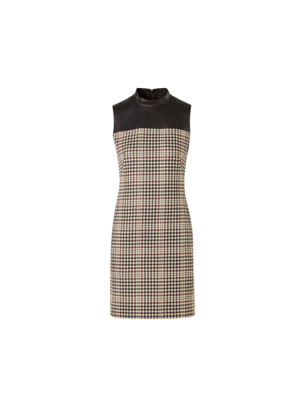 Designer Sleeveless Mini Shift Dress in Check Tweed - multicolor