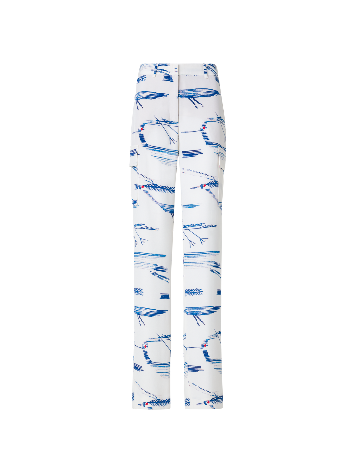 Designer Silk Cargo Pants with Kasuri Birds Print - blue - multicolor - ecru - white