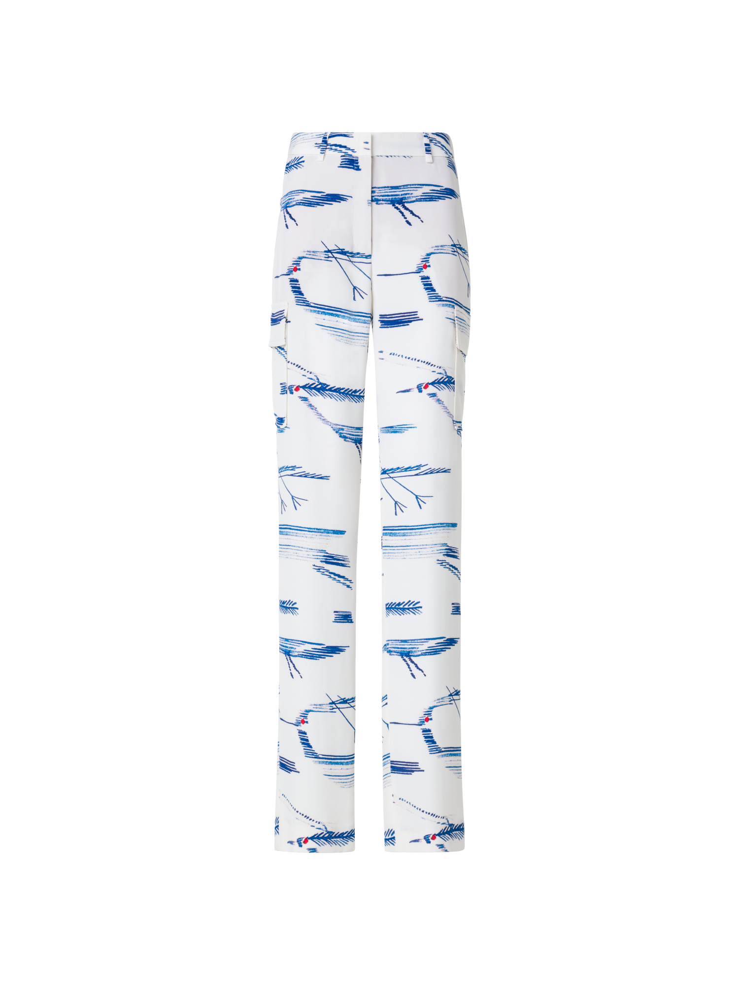 Designer Silk Cargo Pants with Kasuri Birds Print - blue - multicolor - ecru - white