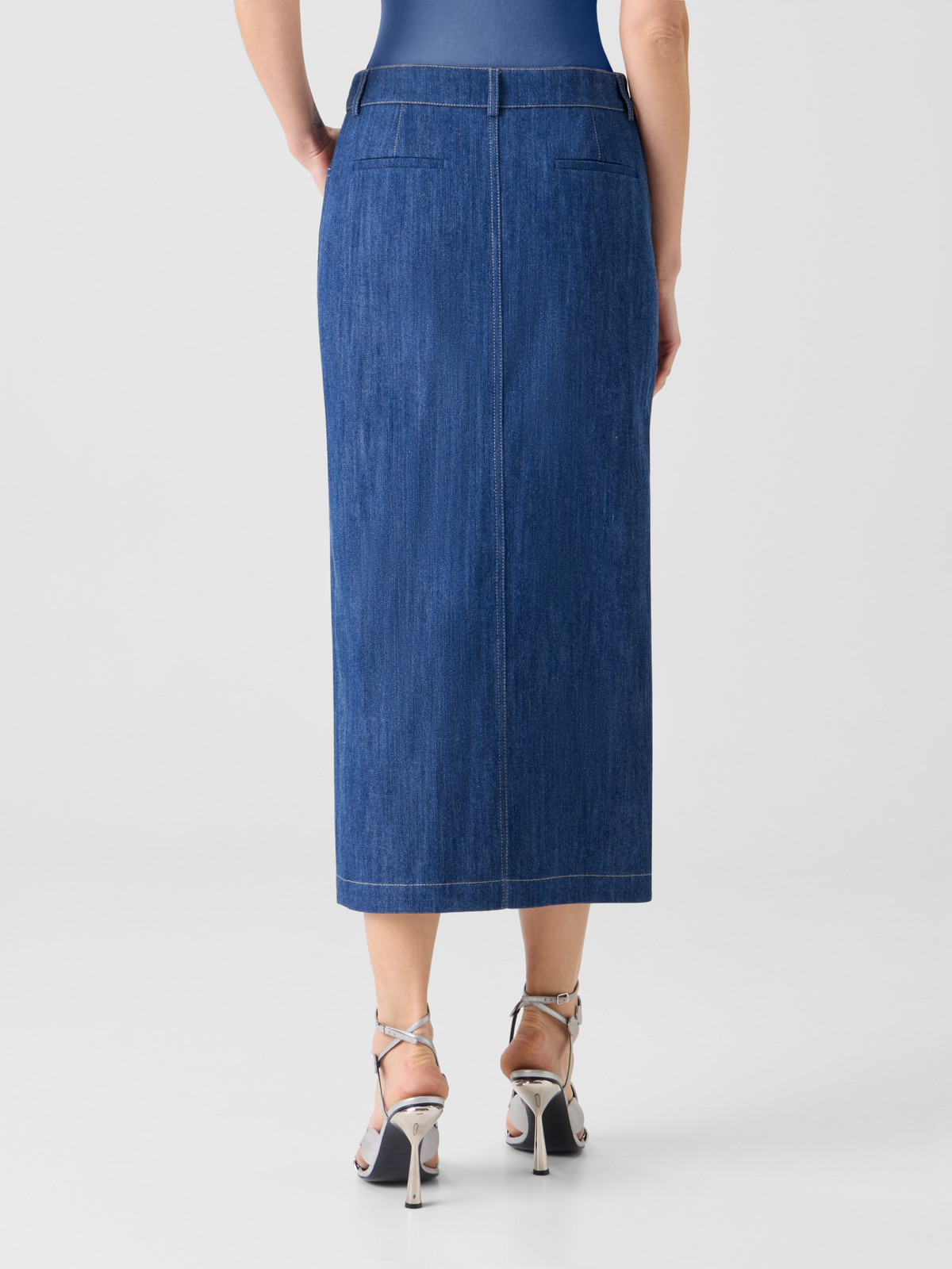 Designer Cotton Stretch Denim Midi Pencil Skirt - navy #editorial