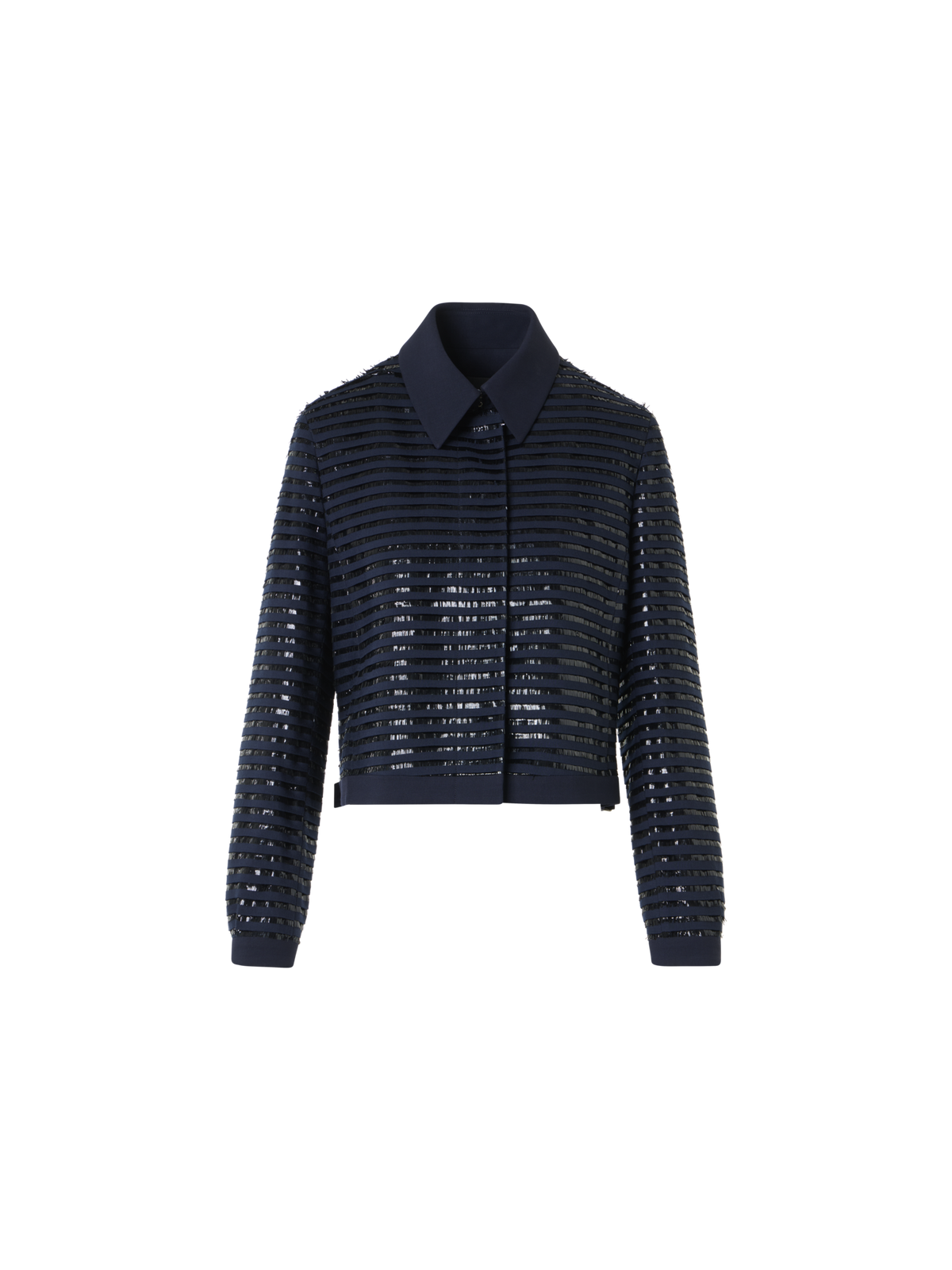 Designer Lamé Fringes Embroidered Wool Short Jacket - navy