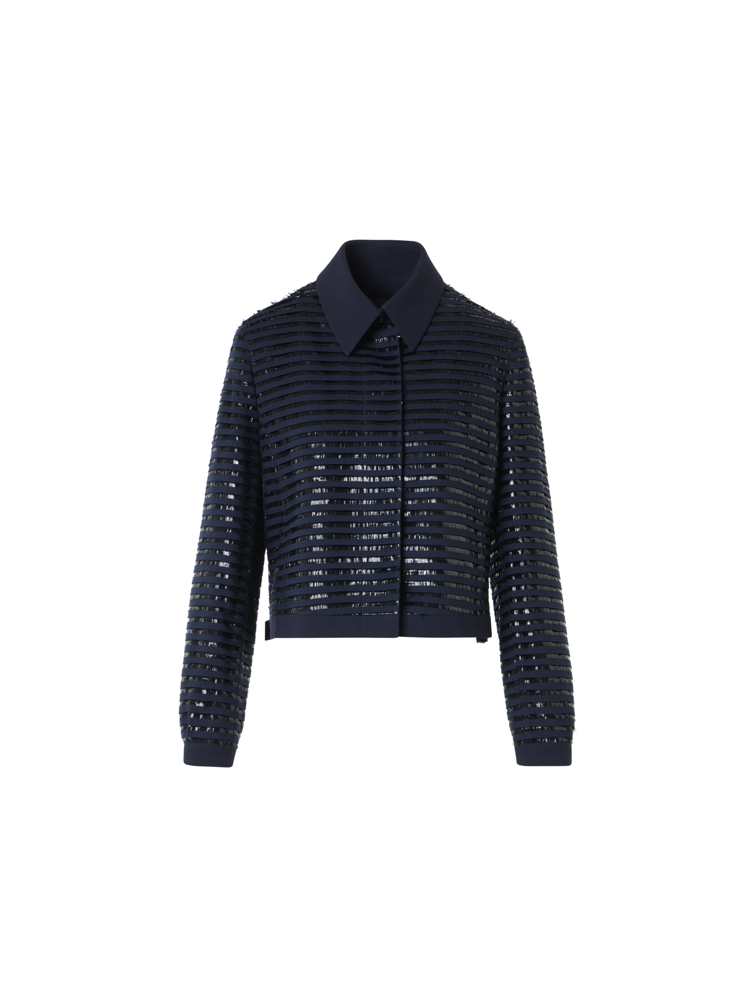 Designer Lamé Fringes Embroidered Wool Short Jacket - navy