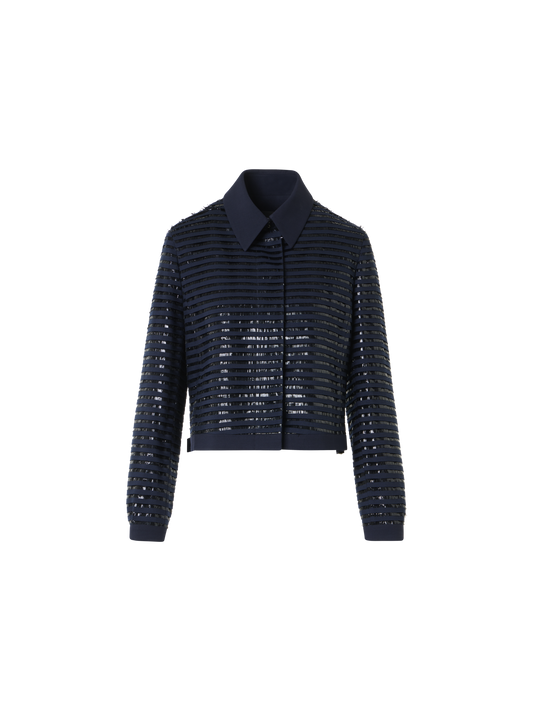 Designer Lamé Fringes Embroidered Wool Short Jacket - navy