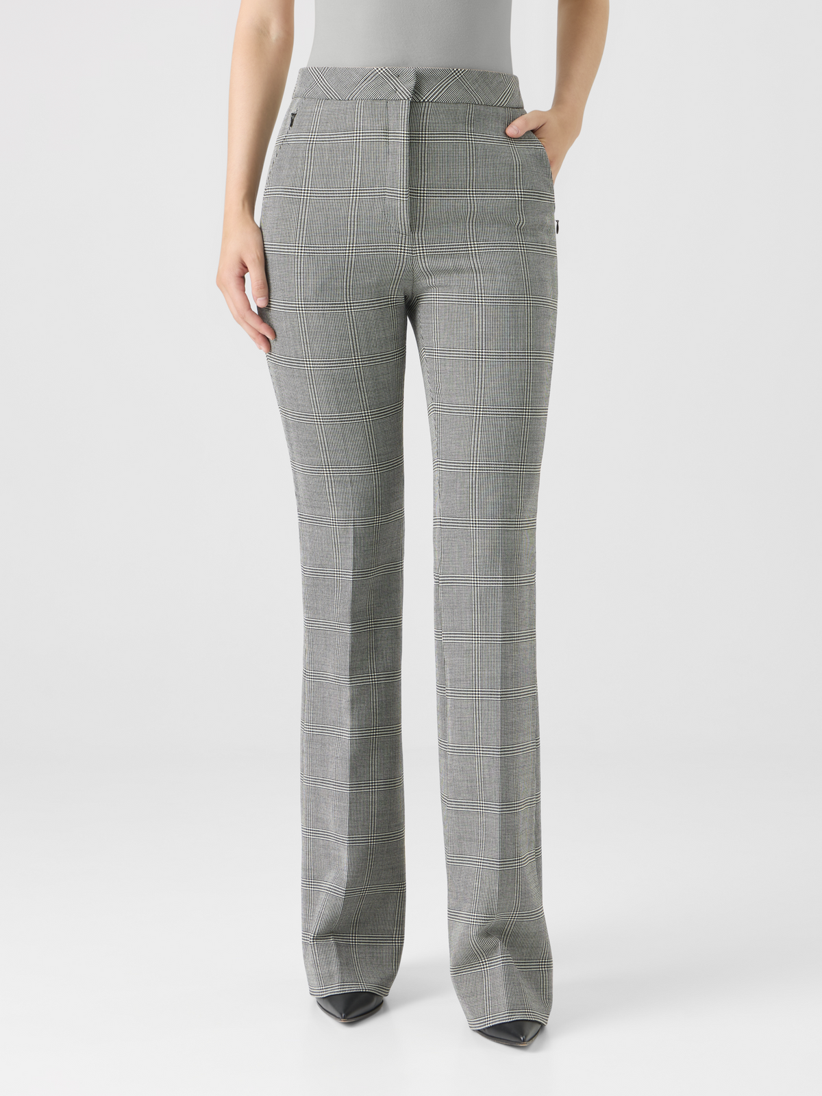 Designer Prince of Wales Wool Stretch Bootcut Pants - grey #editorial