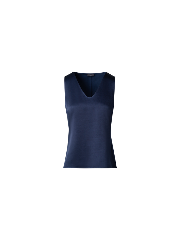 Designer Wool Satin Sleeveless Blouse Top - navy - blue