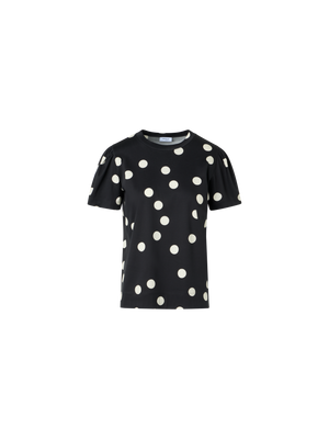 Designer Polka Dot Cotton Jersey T-Shirt with Puff Sleeves - black