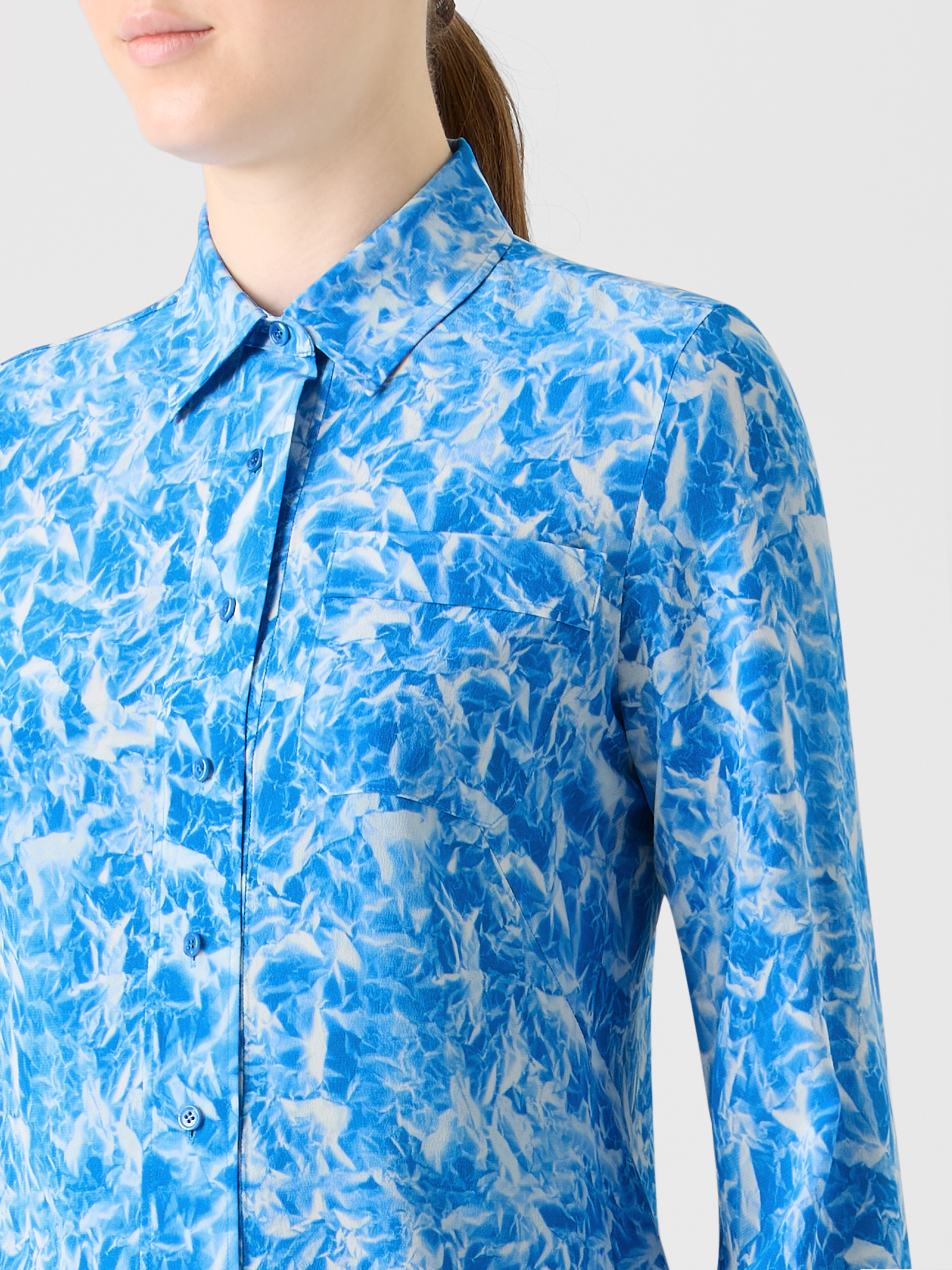 Designer Silk Crêpe Tunic Blouse with Whitecaps Print - navy - ecru 