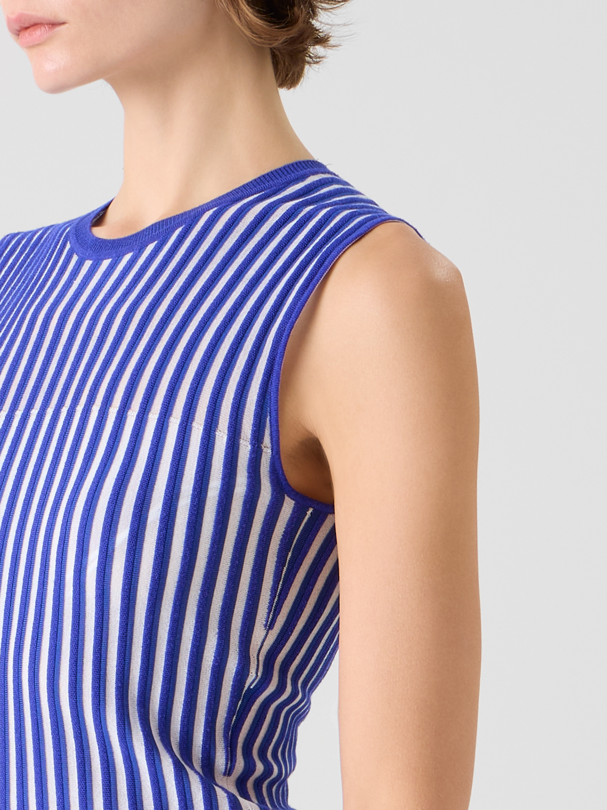 Designer Two Tone Rib Knit Dress with Sheer Shoulders - blue #editorial