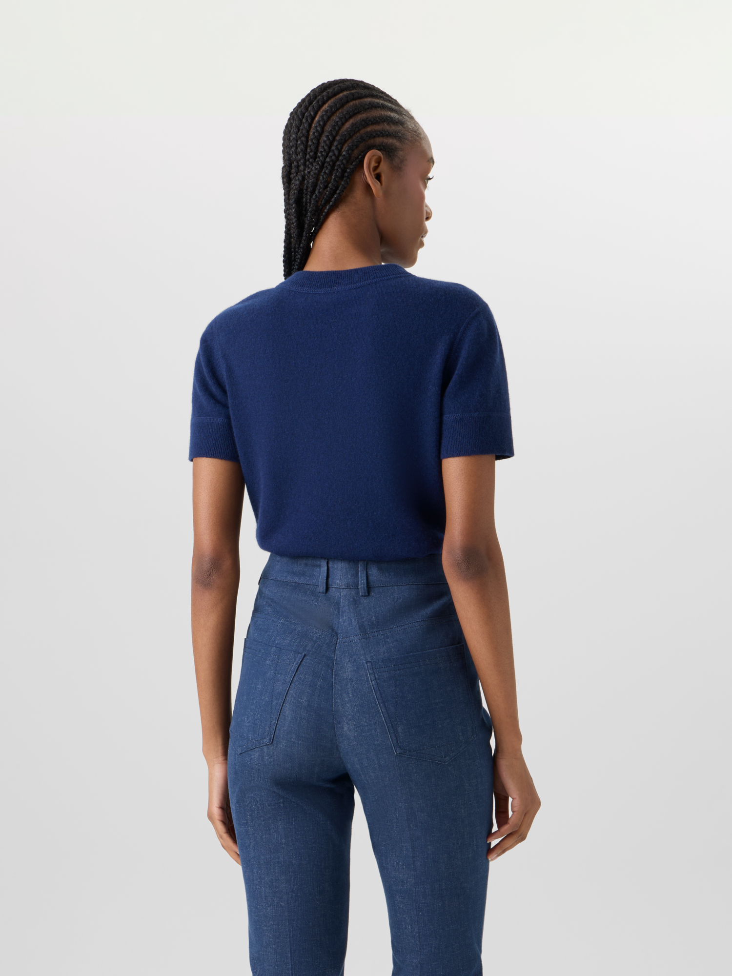 Designer Short-Sleeve Cashmere Knit Sweater - blue 