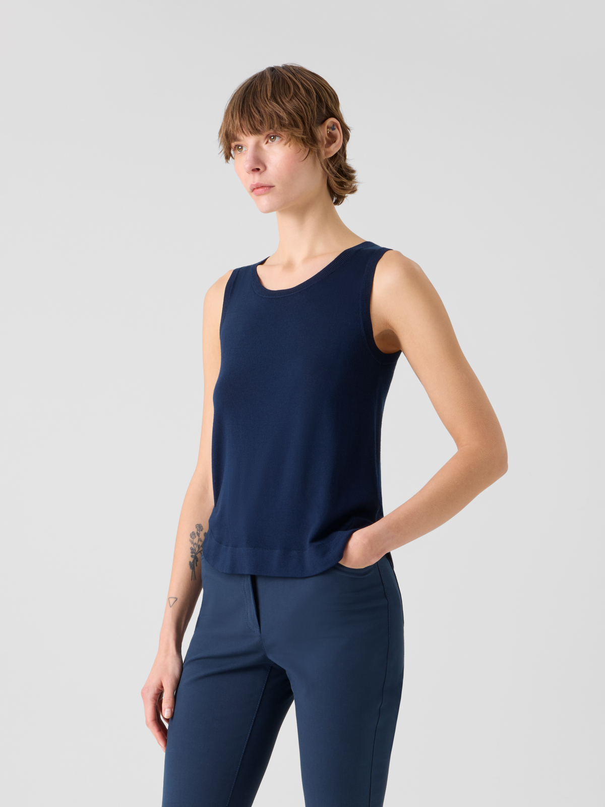 Designer Boat Neck Lightweight Merino Wool Knit Top - navy - blue #editorial