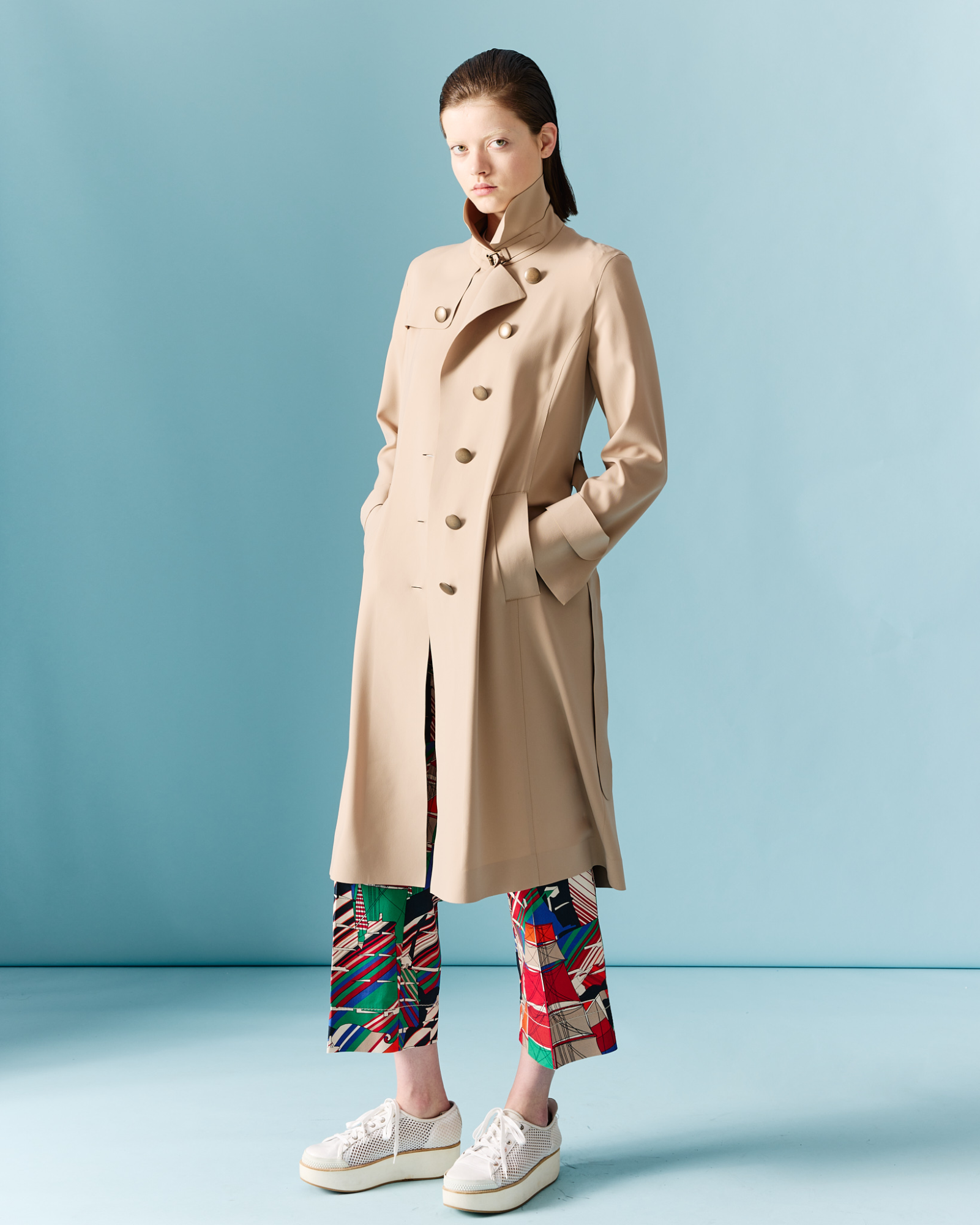 Designer Light Trench Coat in Techno Laser Cut - beige 