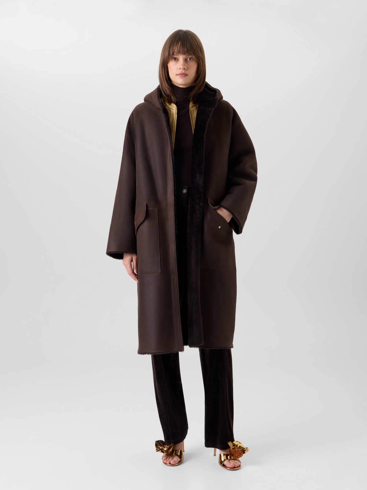Designer Reversible Oversize Hooded Shearling Coat - brown #editorial