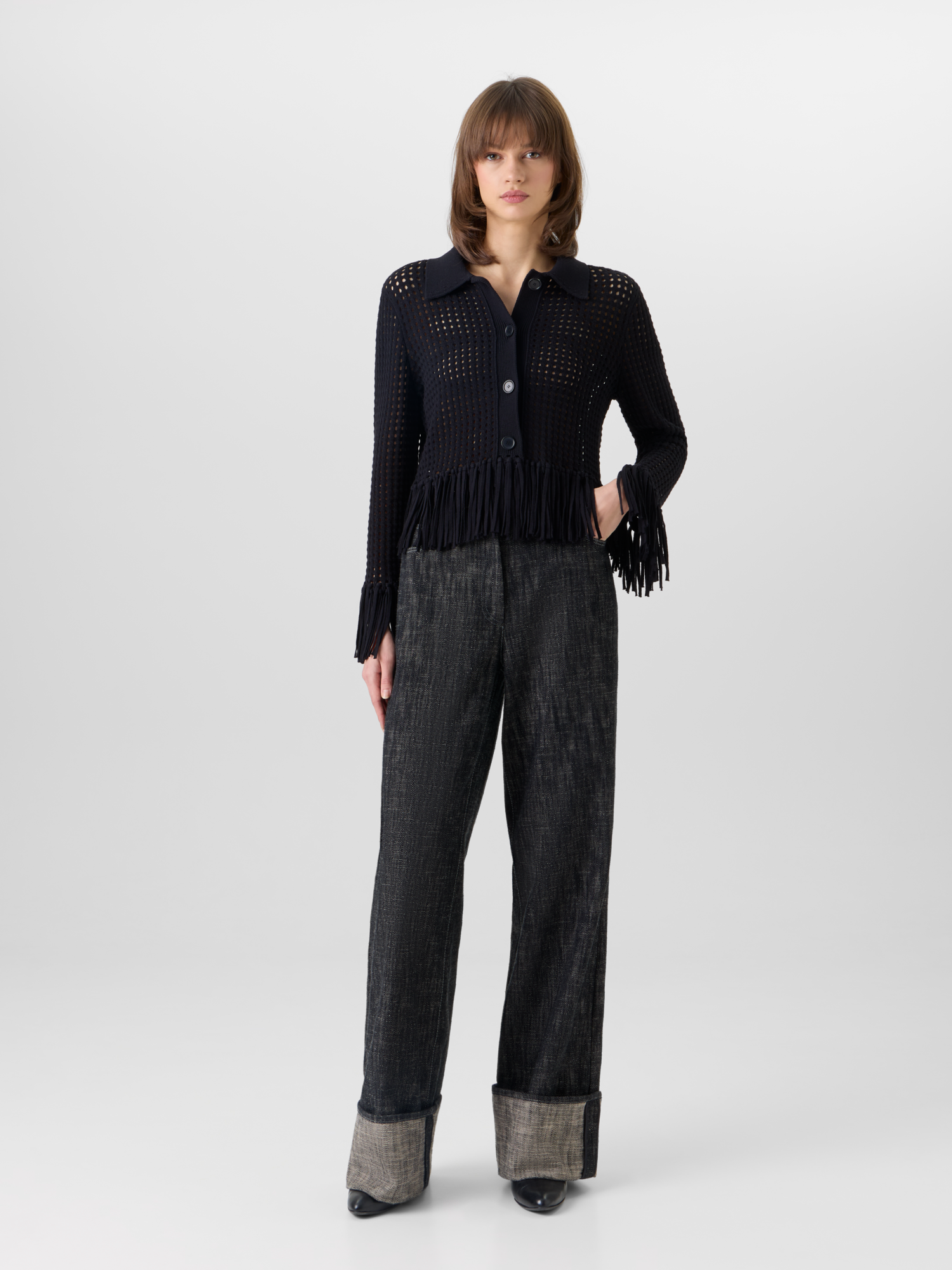 Designer Short Long-Sleeve Chunky Cotton Mesh Knit Cardigan - black 