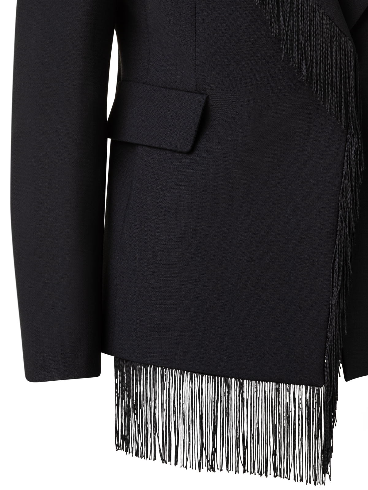 Designer Wool Stretch Crêpe Jacket with Fringes - black