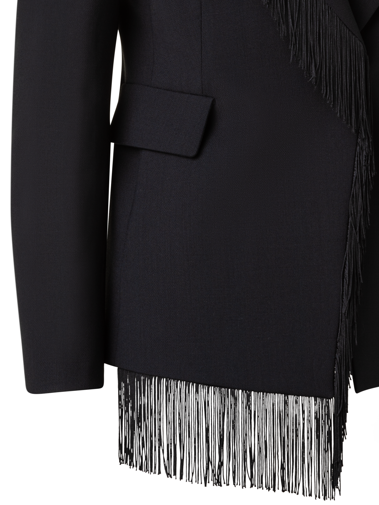 Designer Wool Stretch Crêpe Jacket with Fringes - black