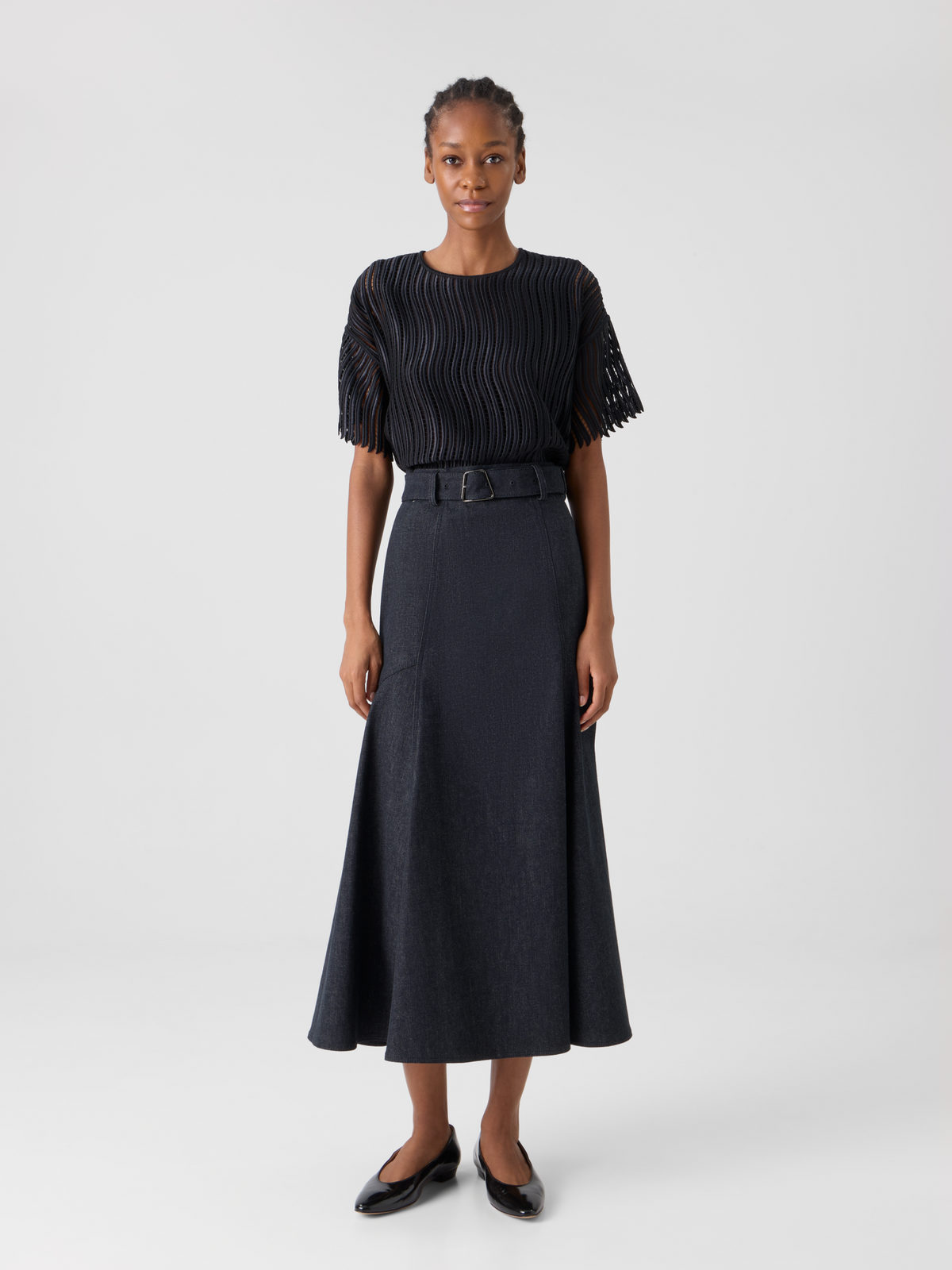 Designer Denim A-line Midi Skirt - black #editorial