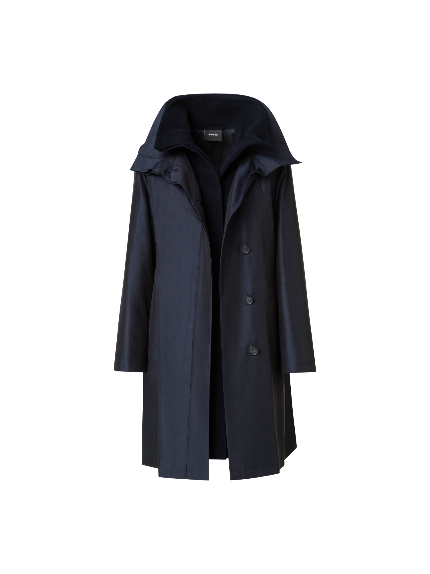 Designer Layered Wool Coat with Removable Silk Layer - navy - blue