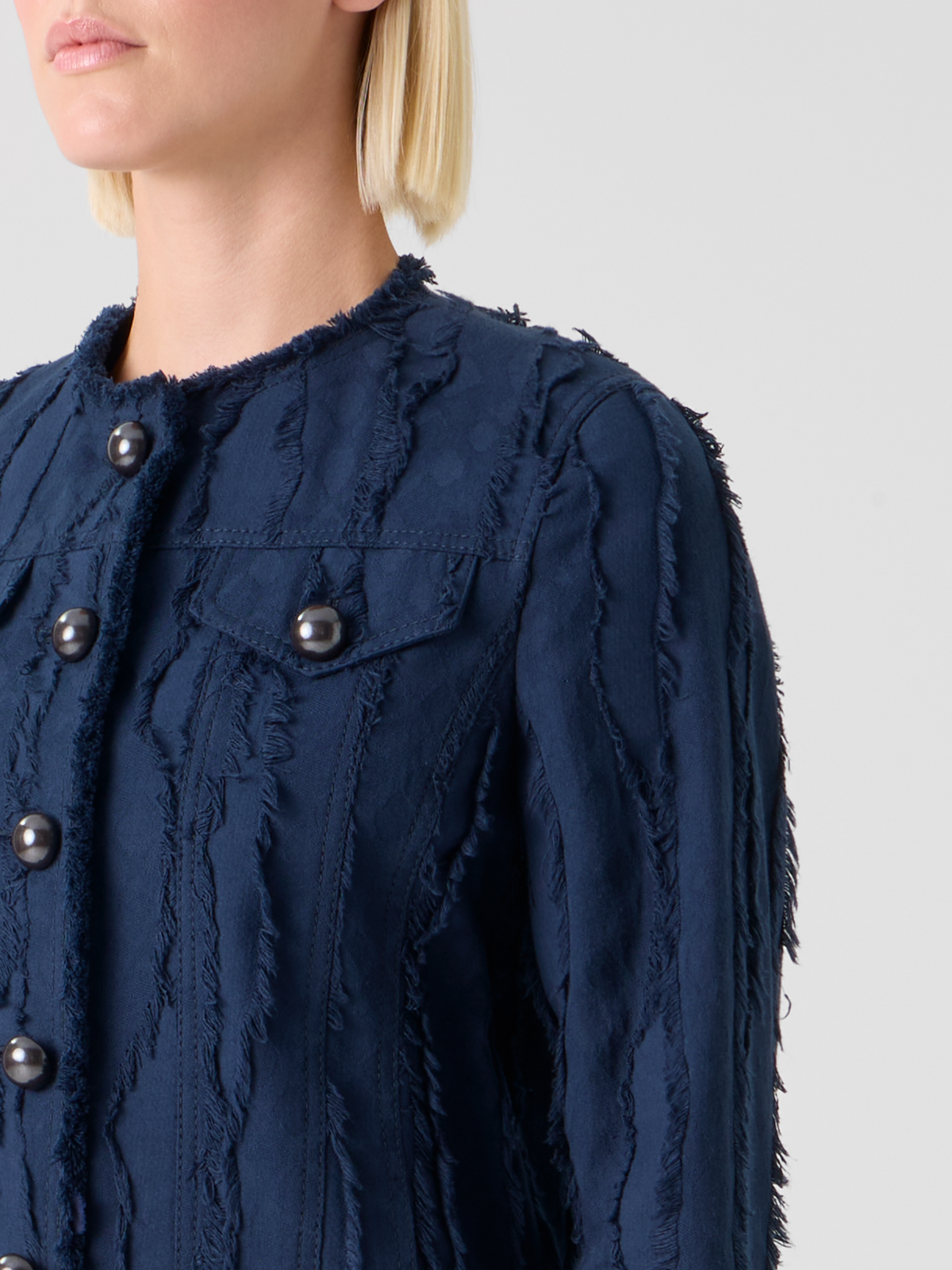 Designer Fringed Wave Jacquard Cotton Jacket - navy - blue