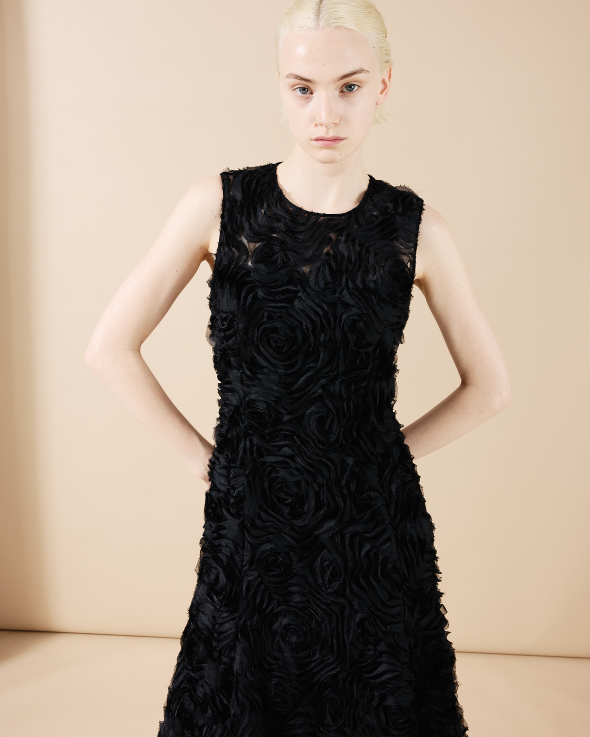 Designer Flared Midi Dress in 3D Carnation Embroidery - black #editorial
