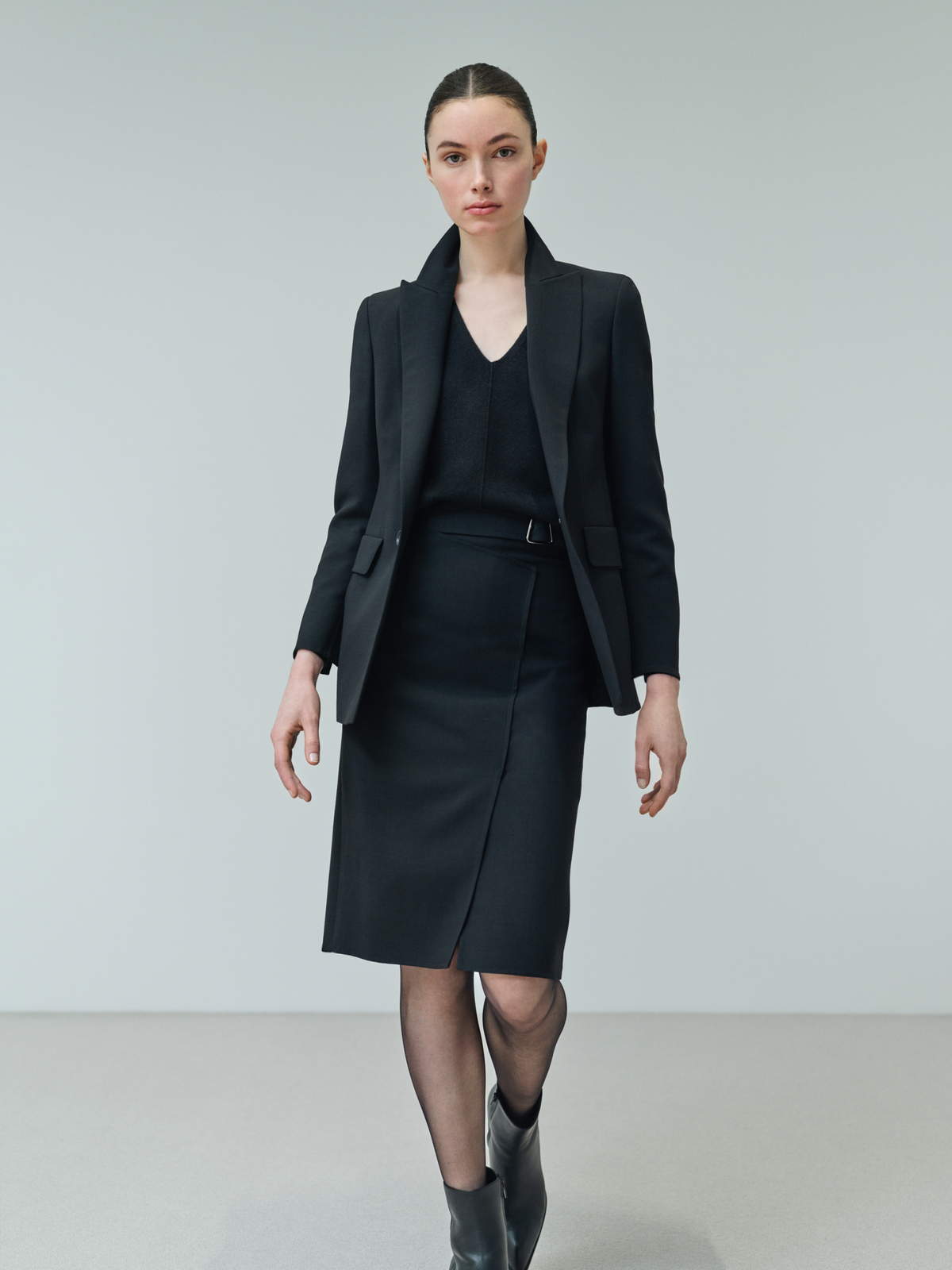 Designer Wool Double-Face Wrap Effect Pencil Skirt - black #editorial