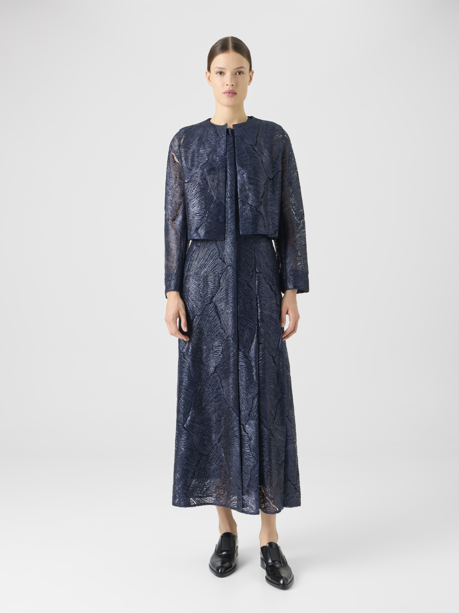 Designer Lacquered Sea Fan Lace Short Jacket - navy 