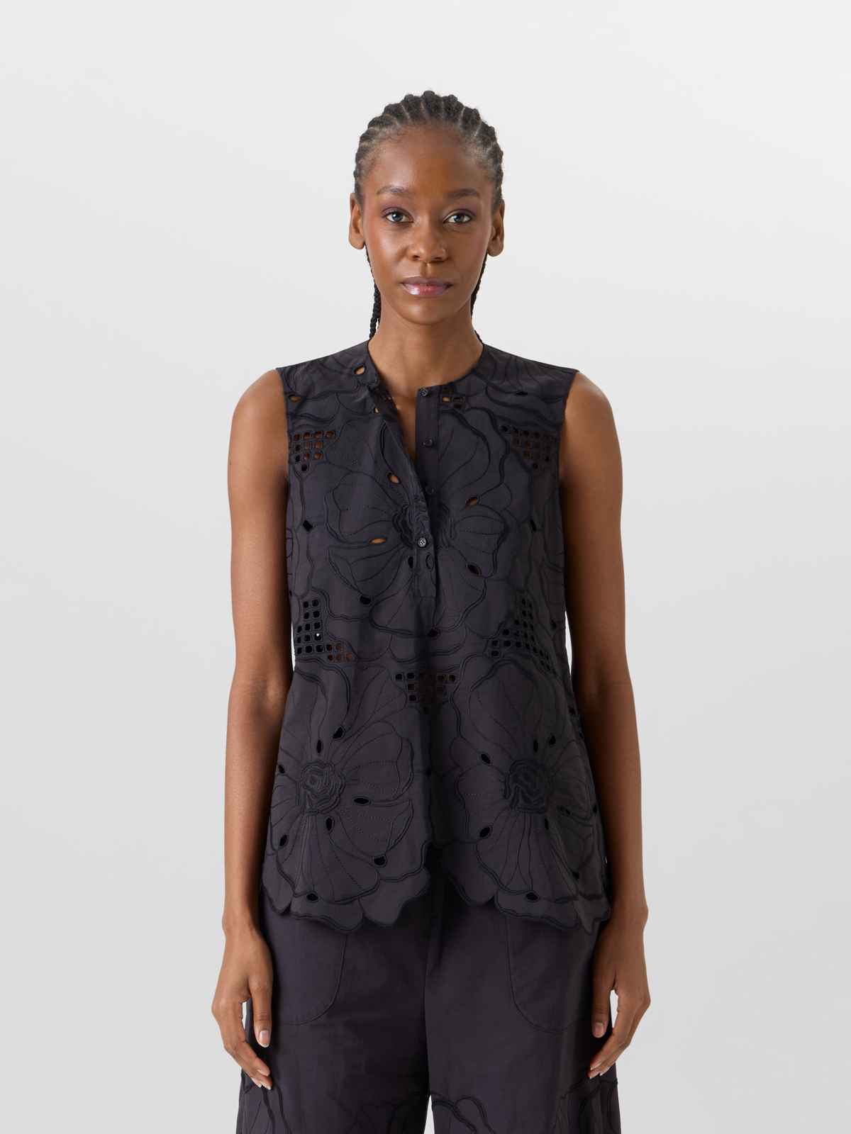 Designer Sleeveless Flower Eyelet Tunic Blouse - black #editorial