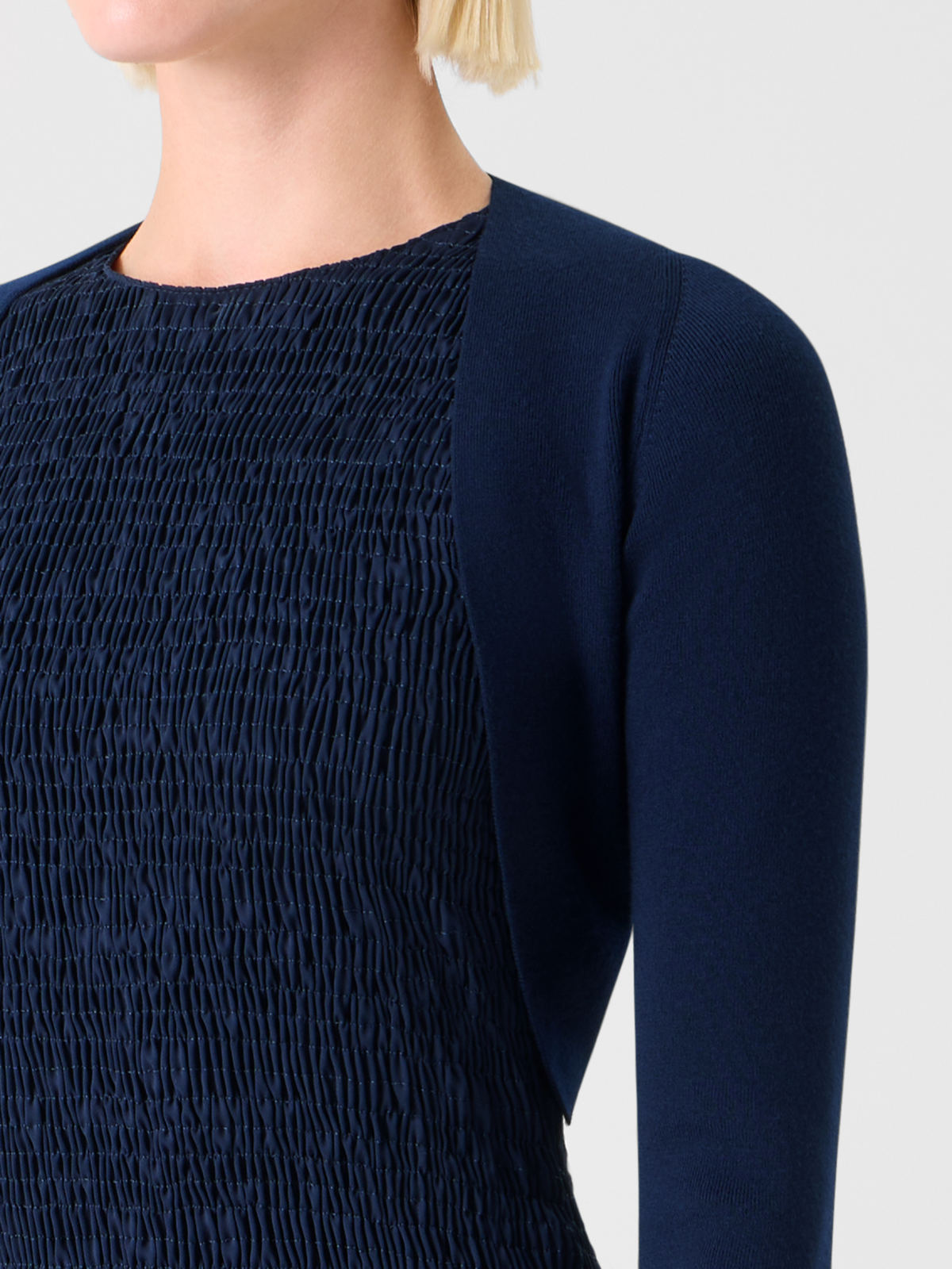 Designer Merino Wool Cropped Bolero Cardigan - navy - blue #editorial