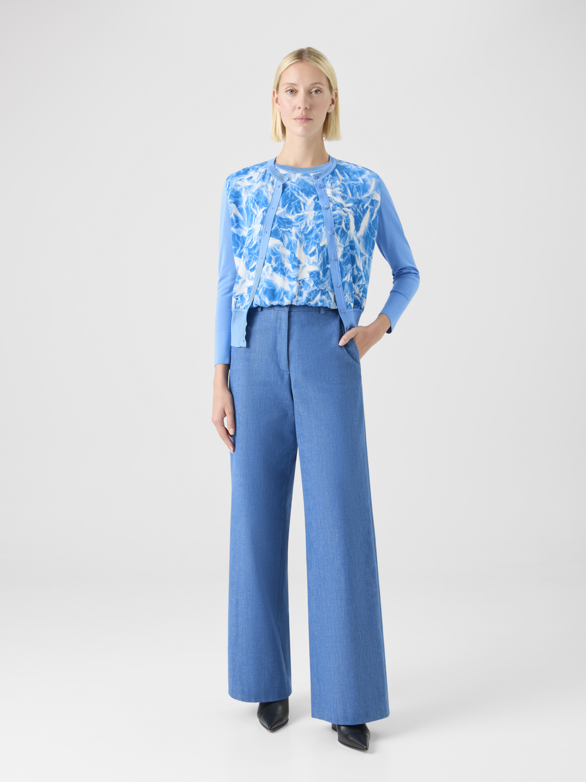 Designer Whitecaps Print Silk Cardigan - blue #editorial