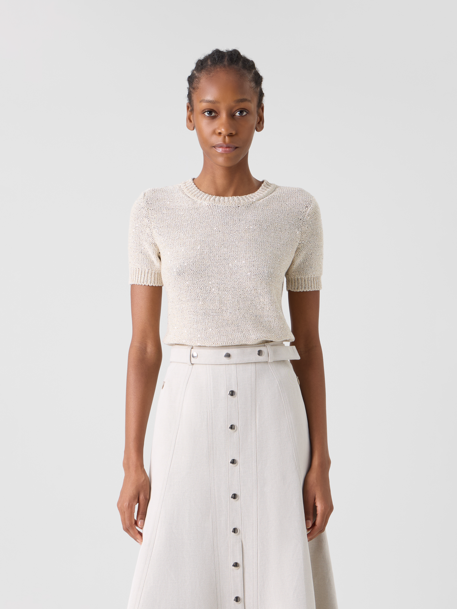 Designer Sequined Short Sleeve Linen Cotton Sweater - neutral - beige 