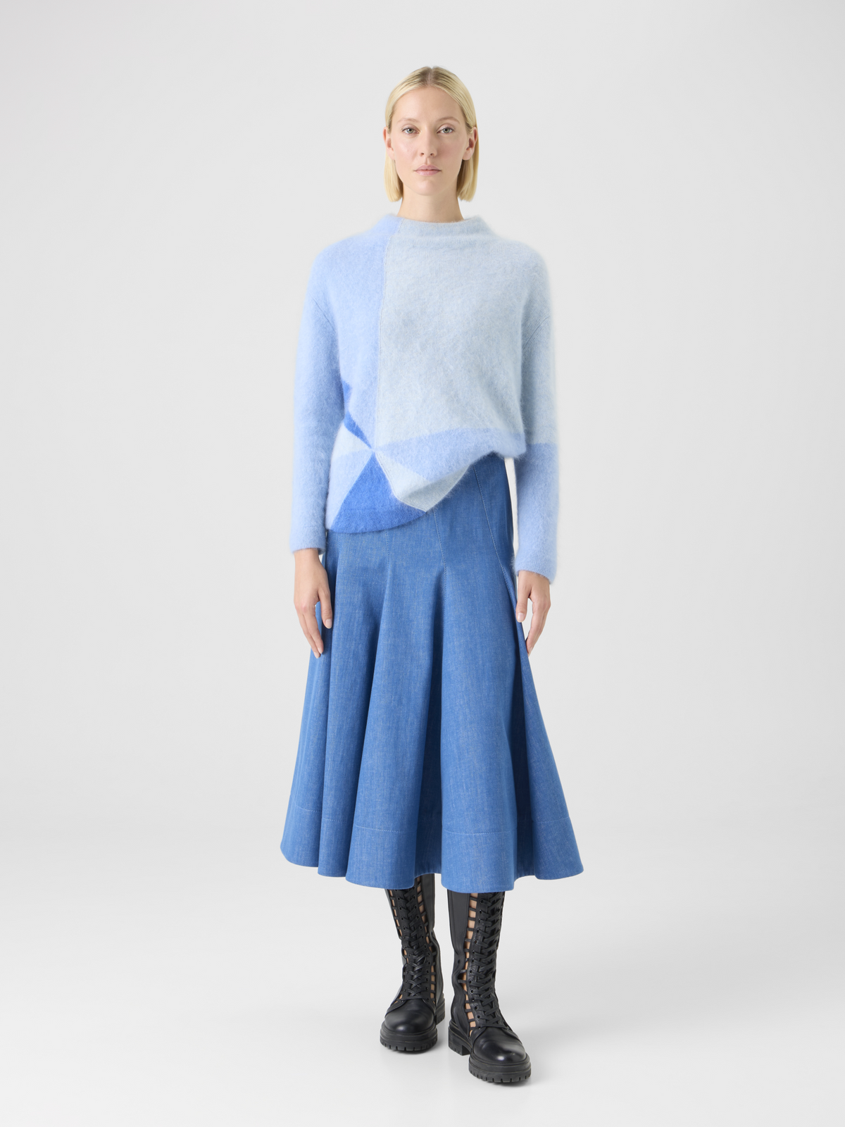 Designer Diagonal Godet Cotton Stretch Denim Midi Skirt - blue #editorial
