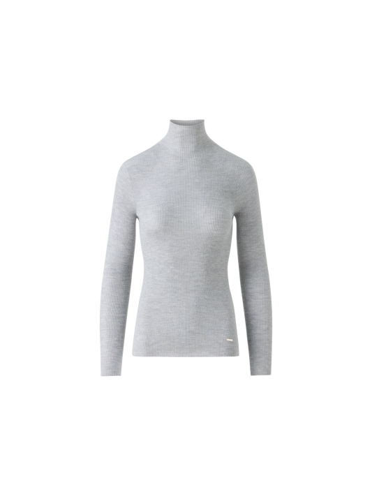 Designer Fine Rib Cashmere Silk Mock Neck Pullover - grey - neutral