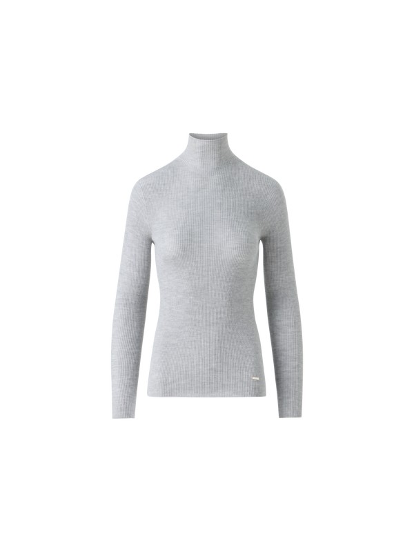 Designer Fine Rib Cashmere Silk Mock Neck Pullover - grey - neutral