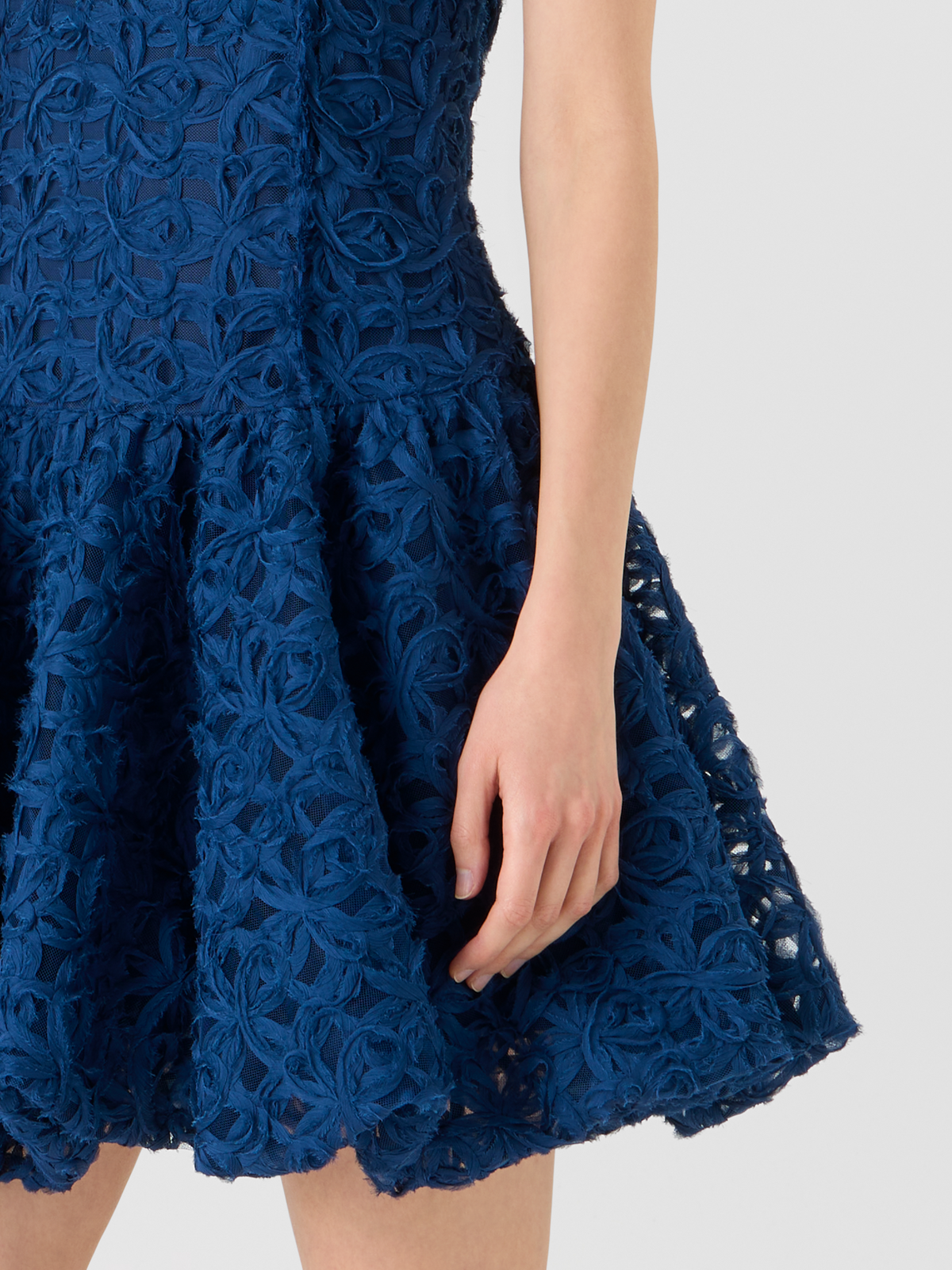 Designer Flounced Mini Dress in 3D Scribble Tulle - navy