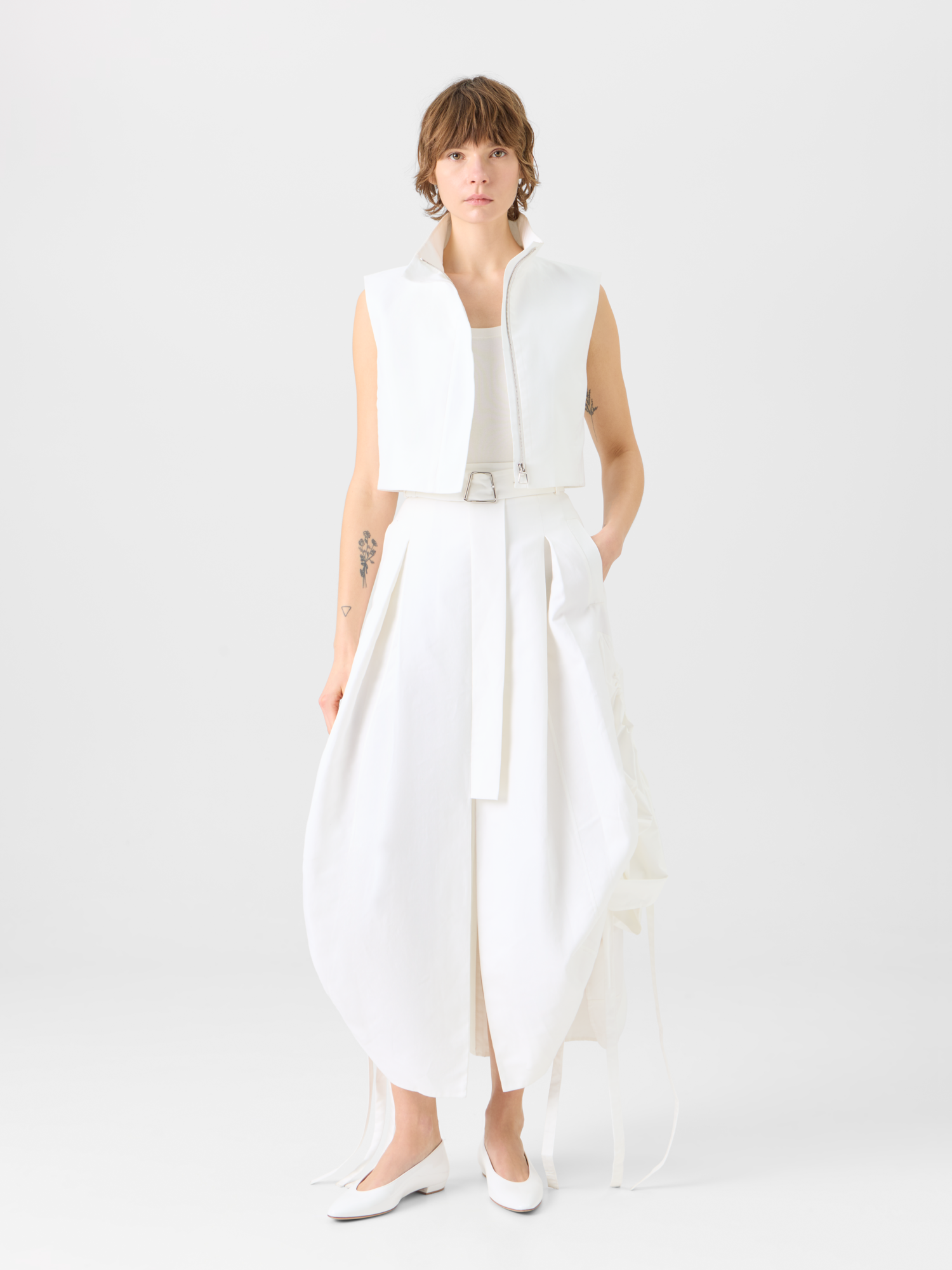 Designer Cotton Midi Skirt with Drawstrings - ecru 