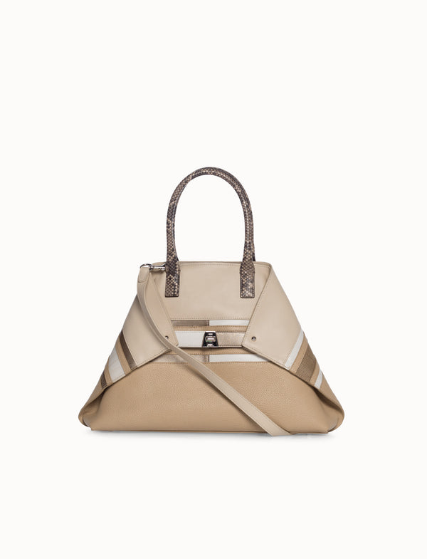 Small Shoulder Tote Bag with Stripes Details - brown - beige