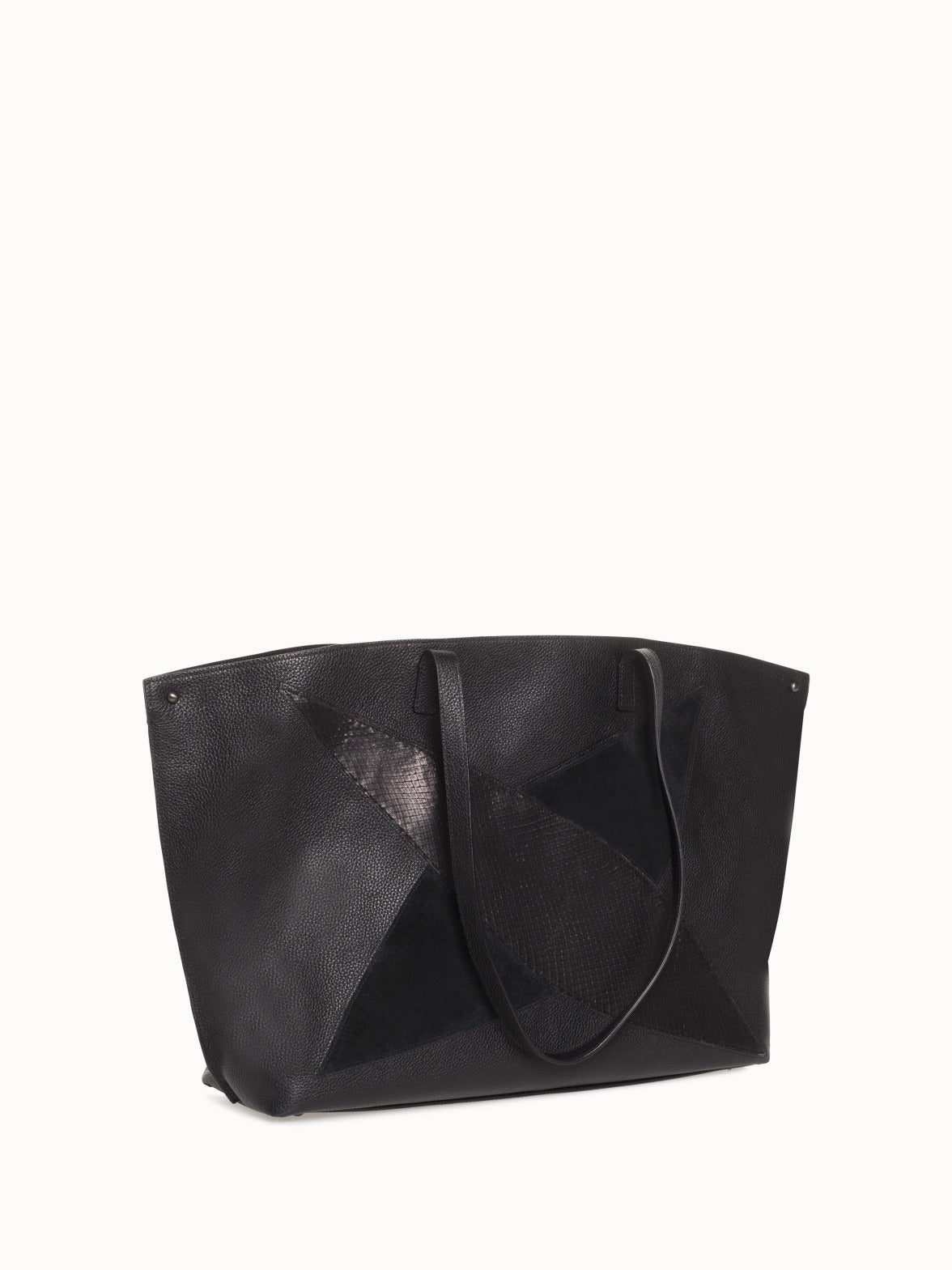 Medium Leather Handbag with Python Leather and Suede Diamond Pattern - black