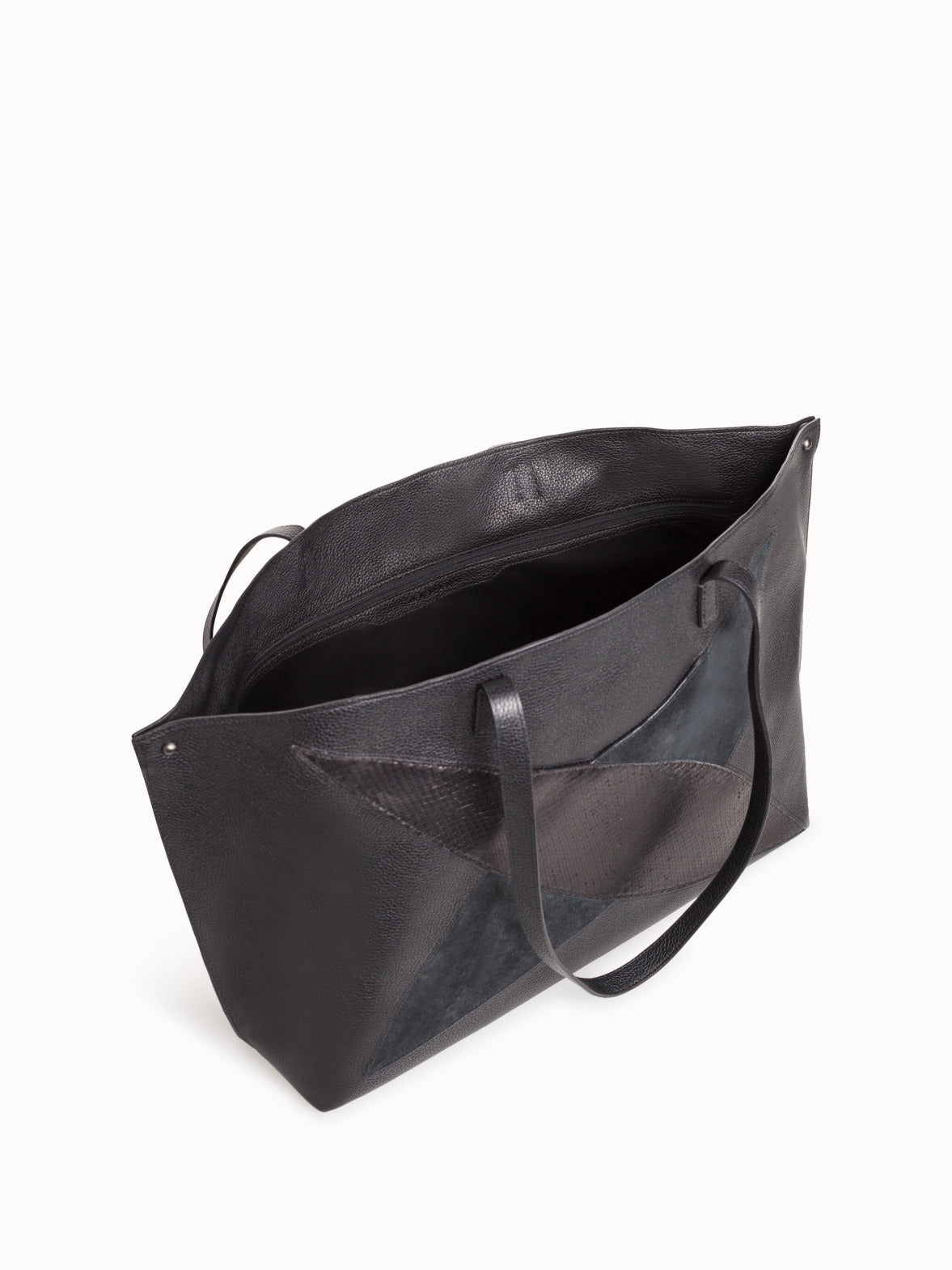 Medium Leather Handbag with Python Leather and Suede Diamond Pattern - black