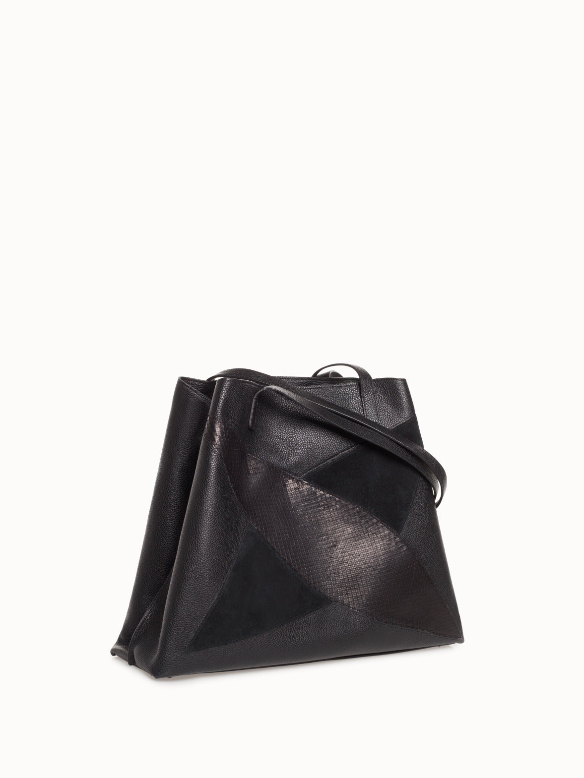 Medium Leather Handbag with Python Leather and Suede Diamond Pattern - black
